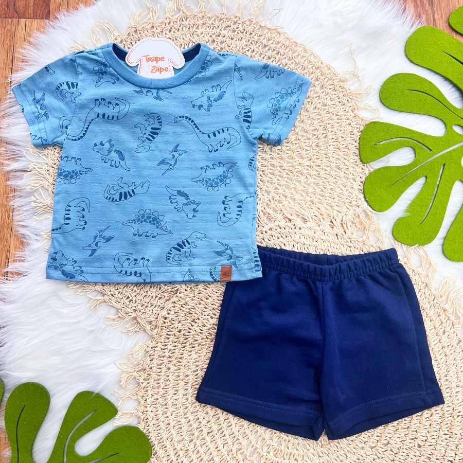 Conj. Camiseta Dinos e Bermuda - Azul Jeans e Marinho